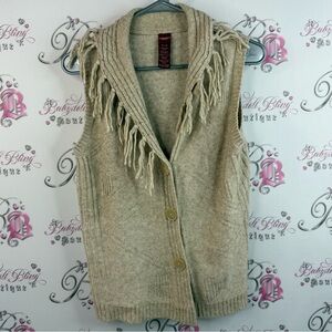 Olsen Europe button up tank top vest tassel knit Fringed Tan Sweater Vest